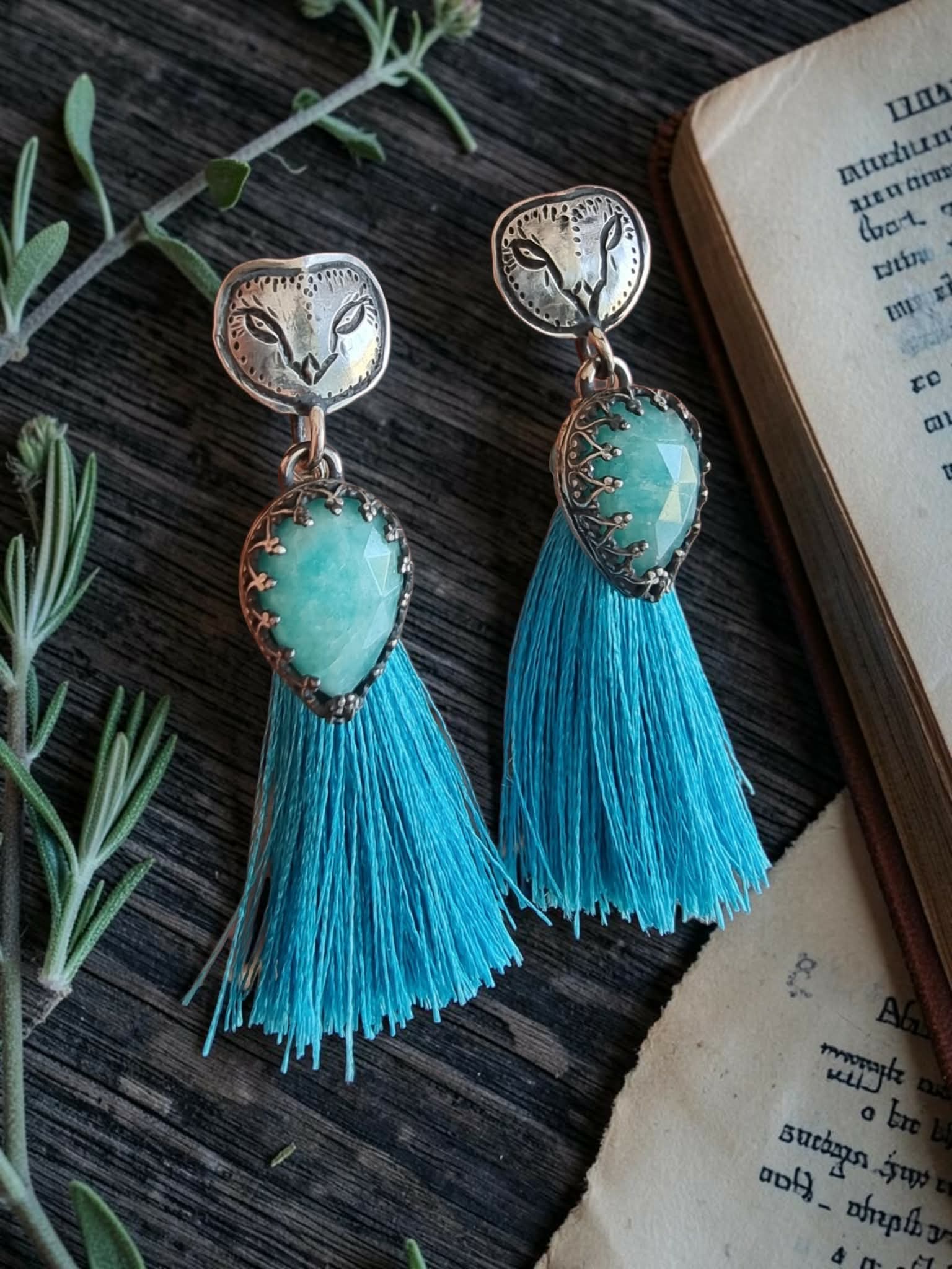 Boucles "Noctua" en argent et amazonites – Image 5