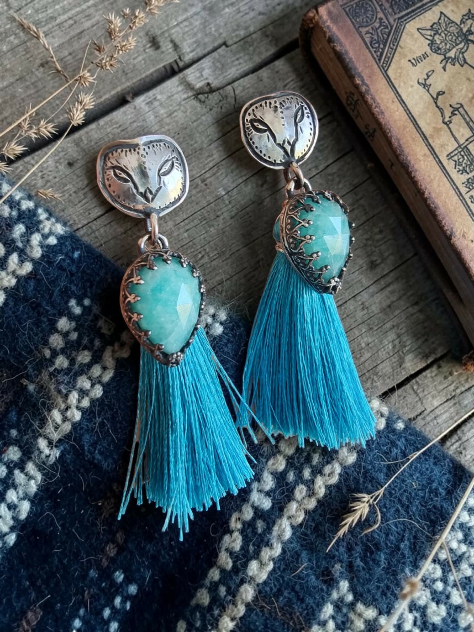 Boucles "Noctua" en argent et amazonites – Image 2